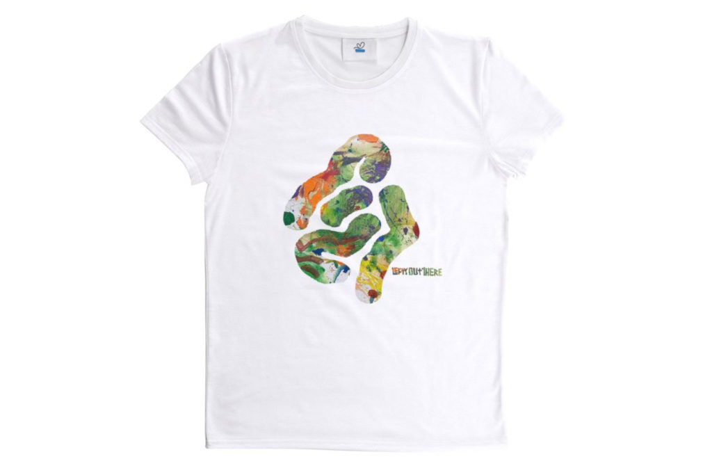 White t-shirt with colourful print design on front