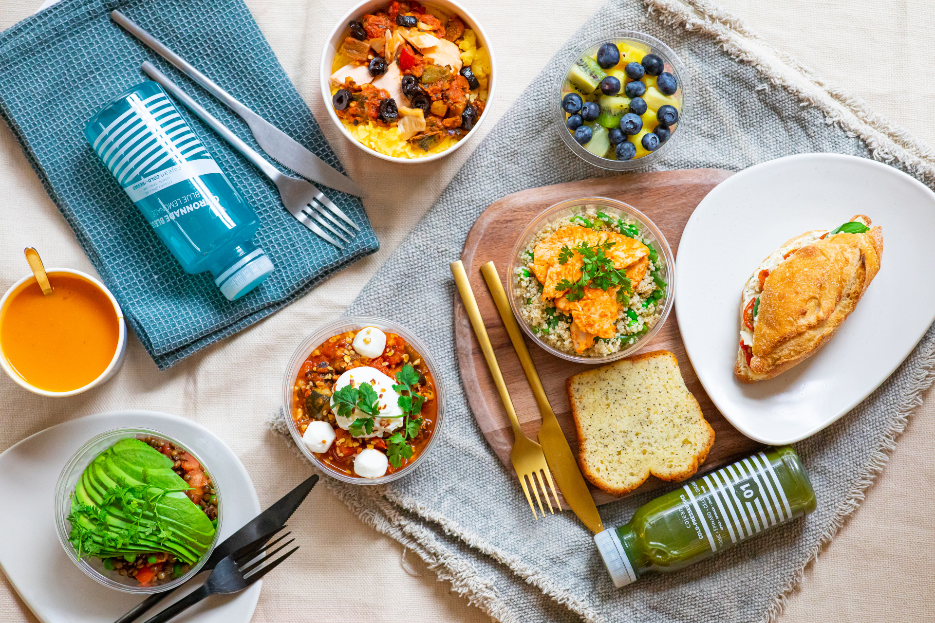 Table spread with healthy foods