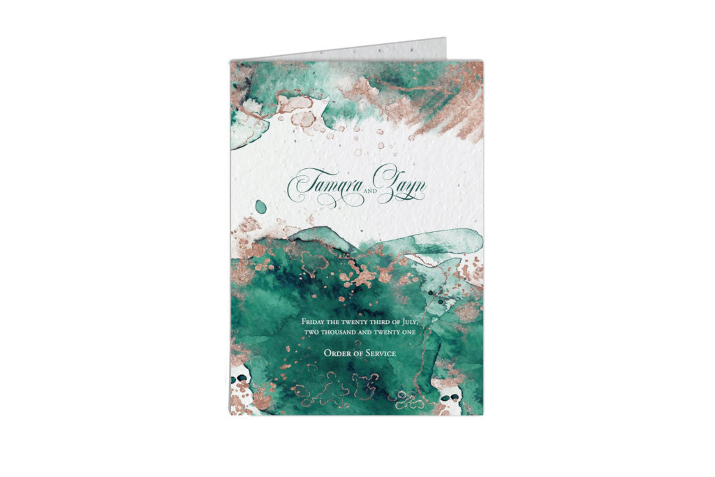 Order of service with blue and green design