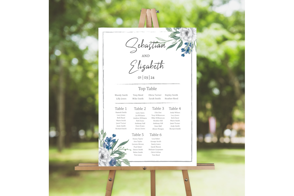 Blue Bird Wedding Stationery Watercolour Meadow, Floral Table Plan
