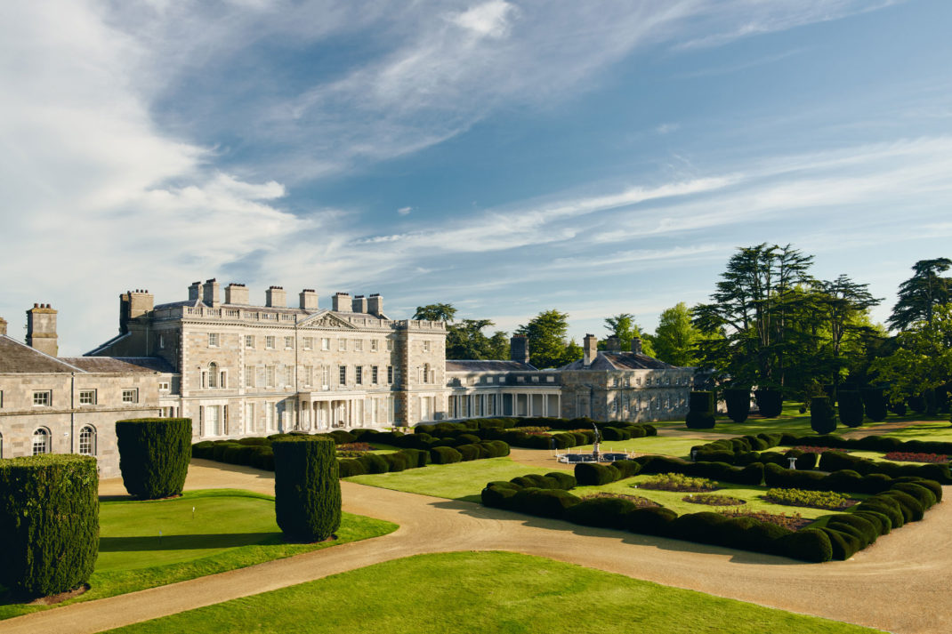 a day time view of Carton House from an angle with a view of the Rose Garden 