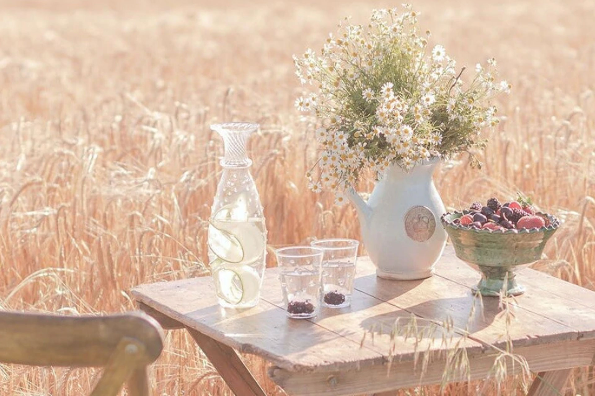 a meadow with a jug of water with peeled cucumber in