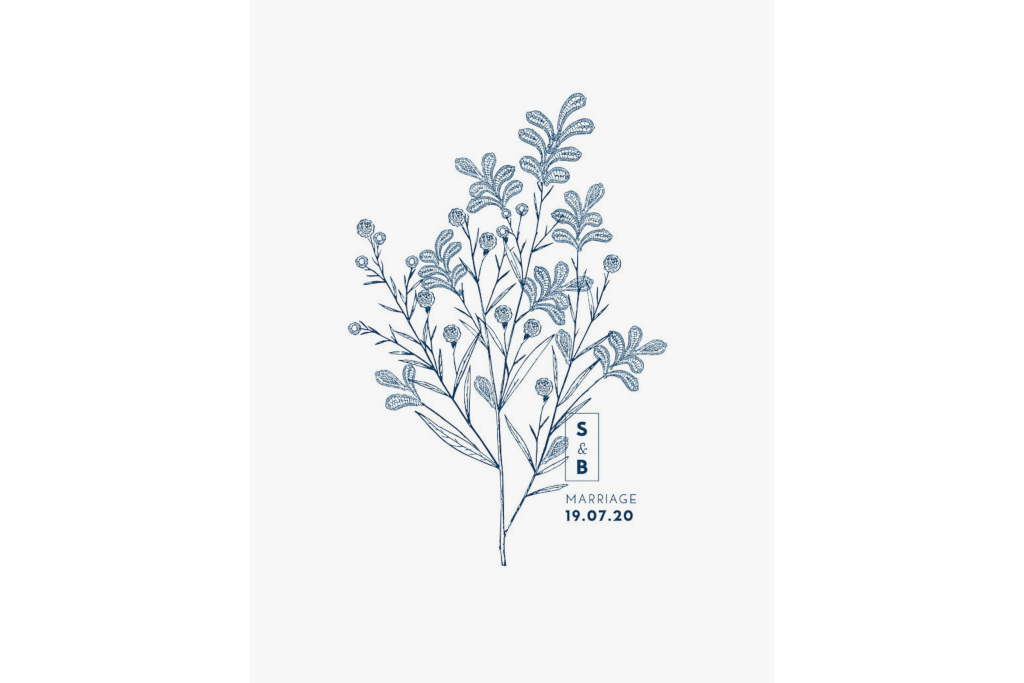 Wedding invitation with blue outline of flowers
