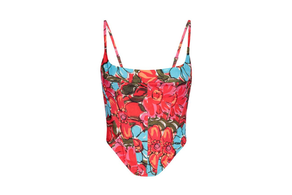 Red and blue flowery corset