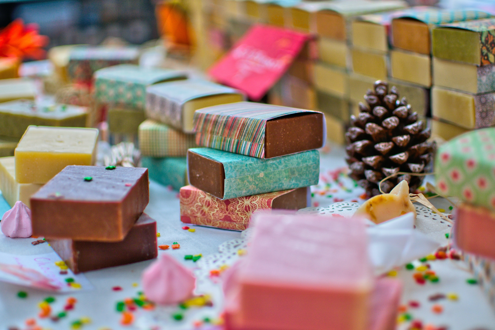 Colourful soaps stacked up