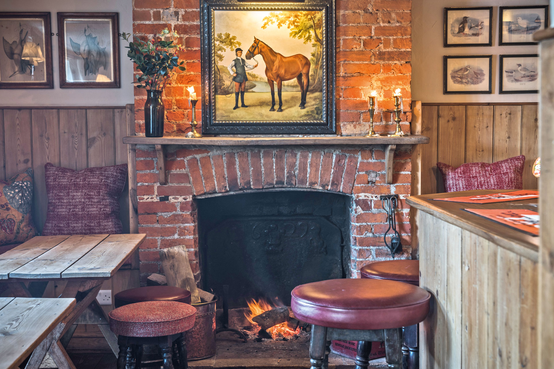 Bar, two bar stools, painting of a horse