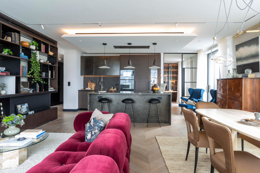 interior modern living area / dining area and kitchen