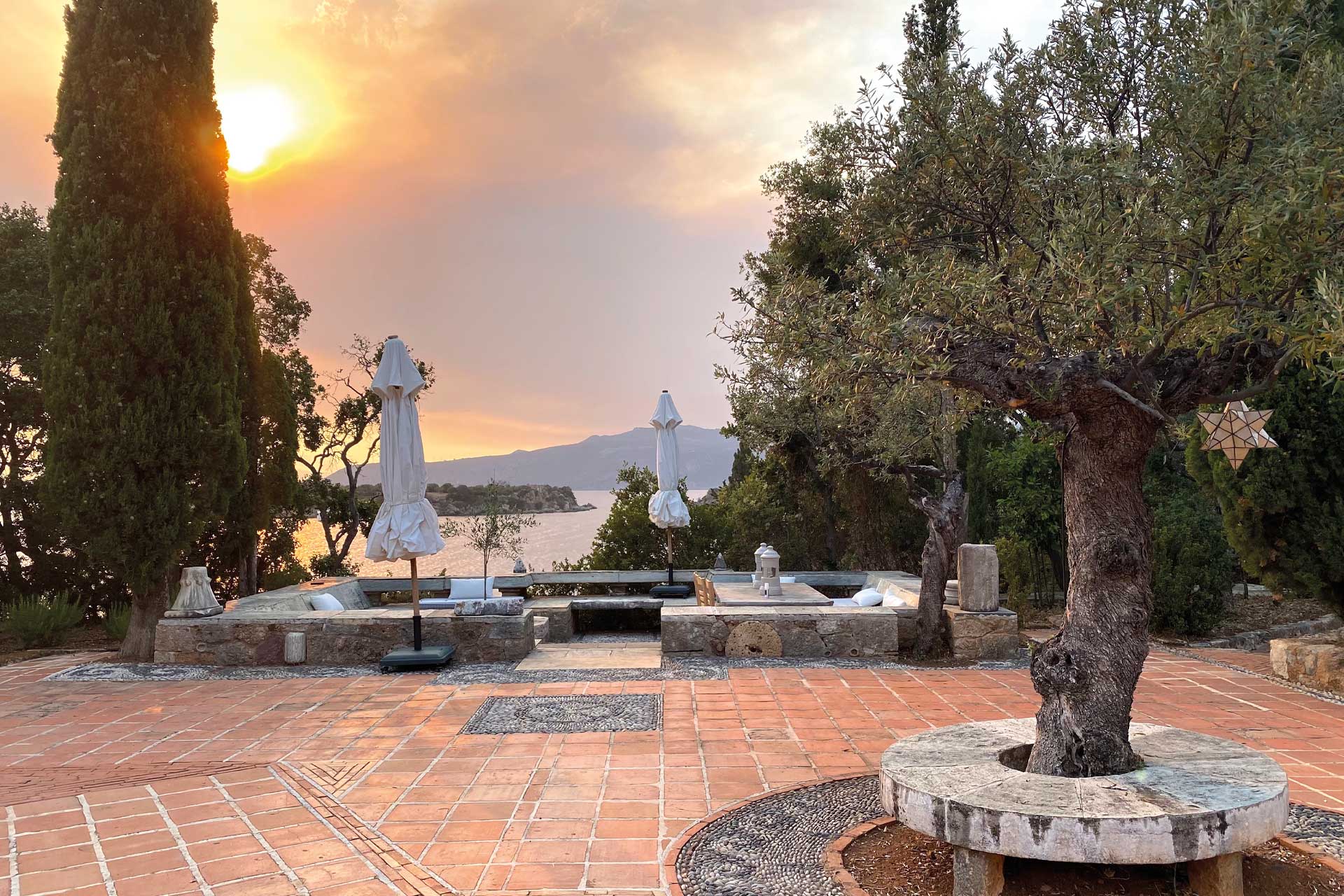 Patrick Leigh Fermour's villa in Mani, Greece at dusk