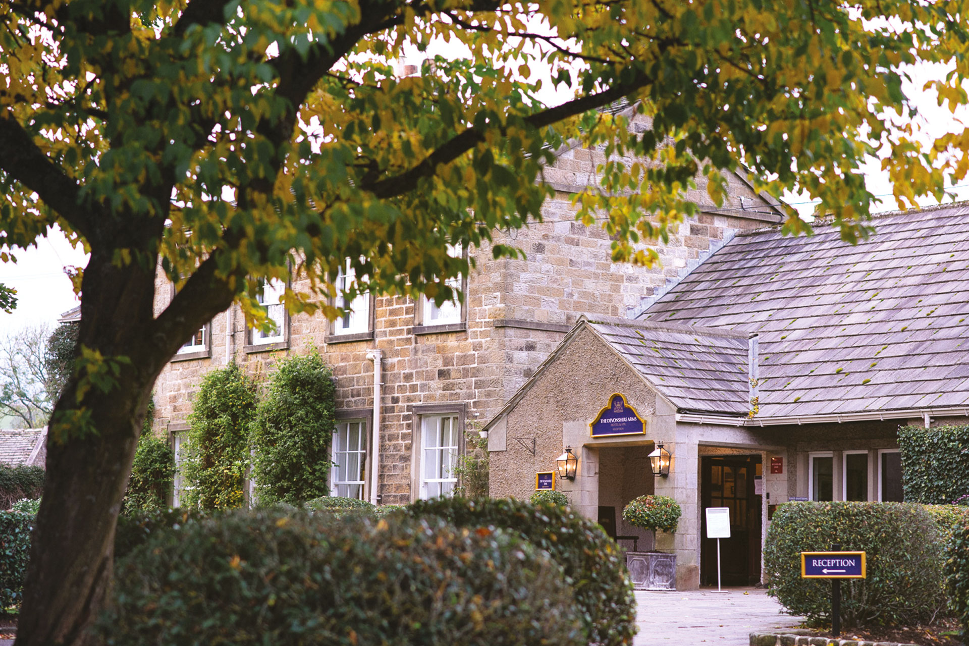 The Devonshire Arms seen through the silhouette of a tree