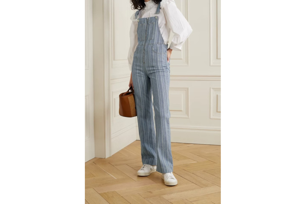 Model in blue stripe dungarees