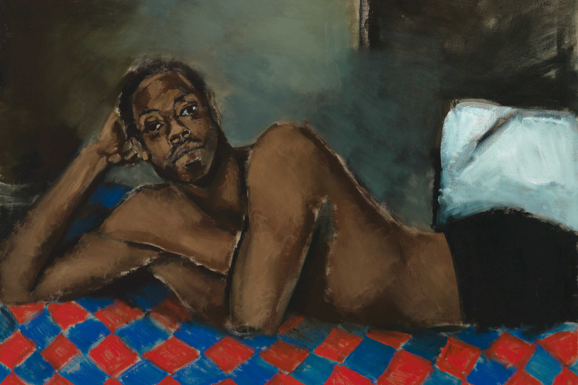 Painting of a black man lying on his side