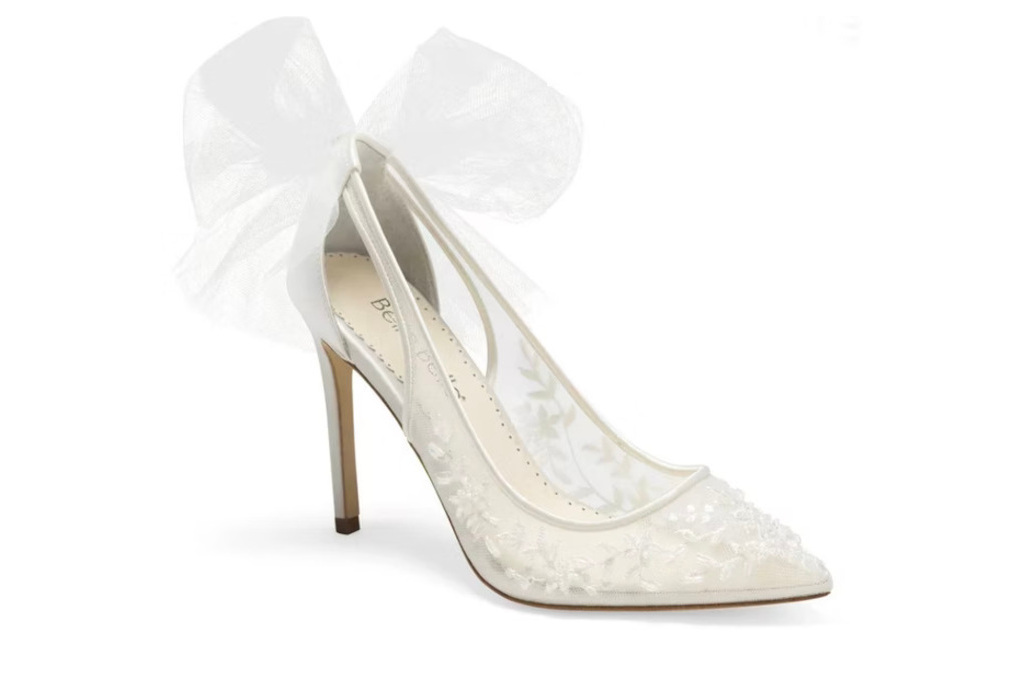 Floral Beaded Lace Wedding Heel with Tulle Bow