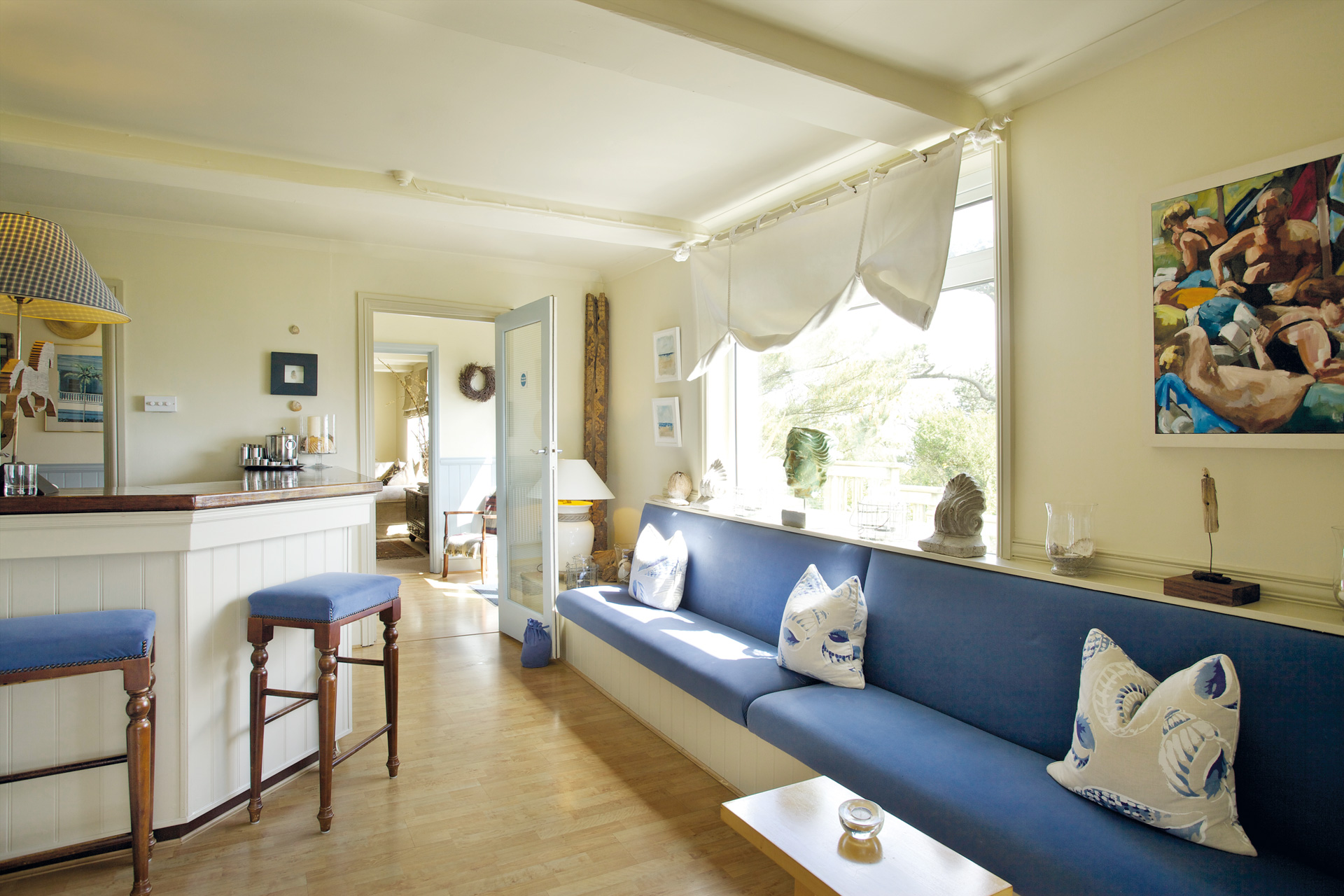 Sofa and bar at Driftwood hotel in Cornwall