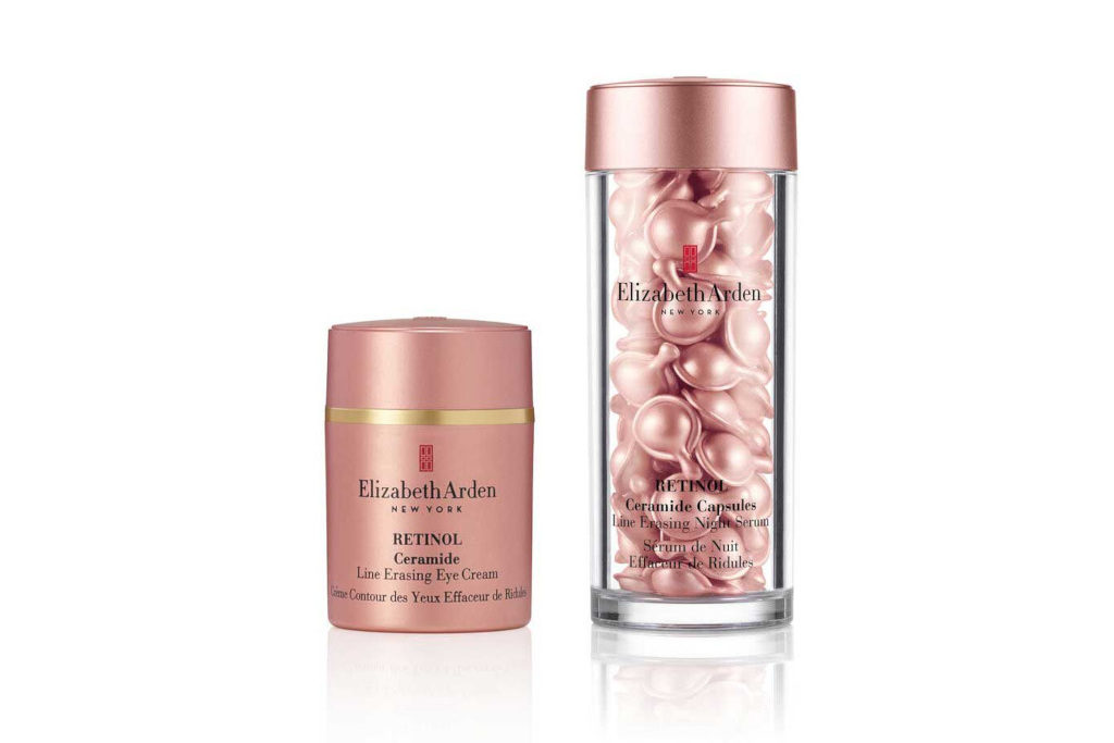 Retinol eye cream and serum capsules in pink packaging