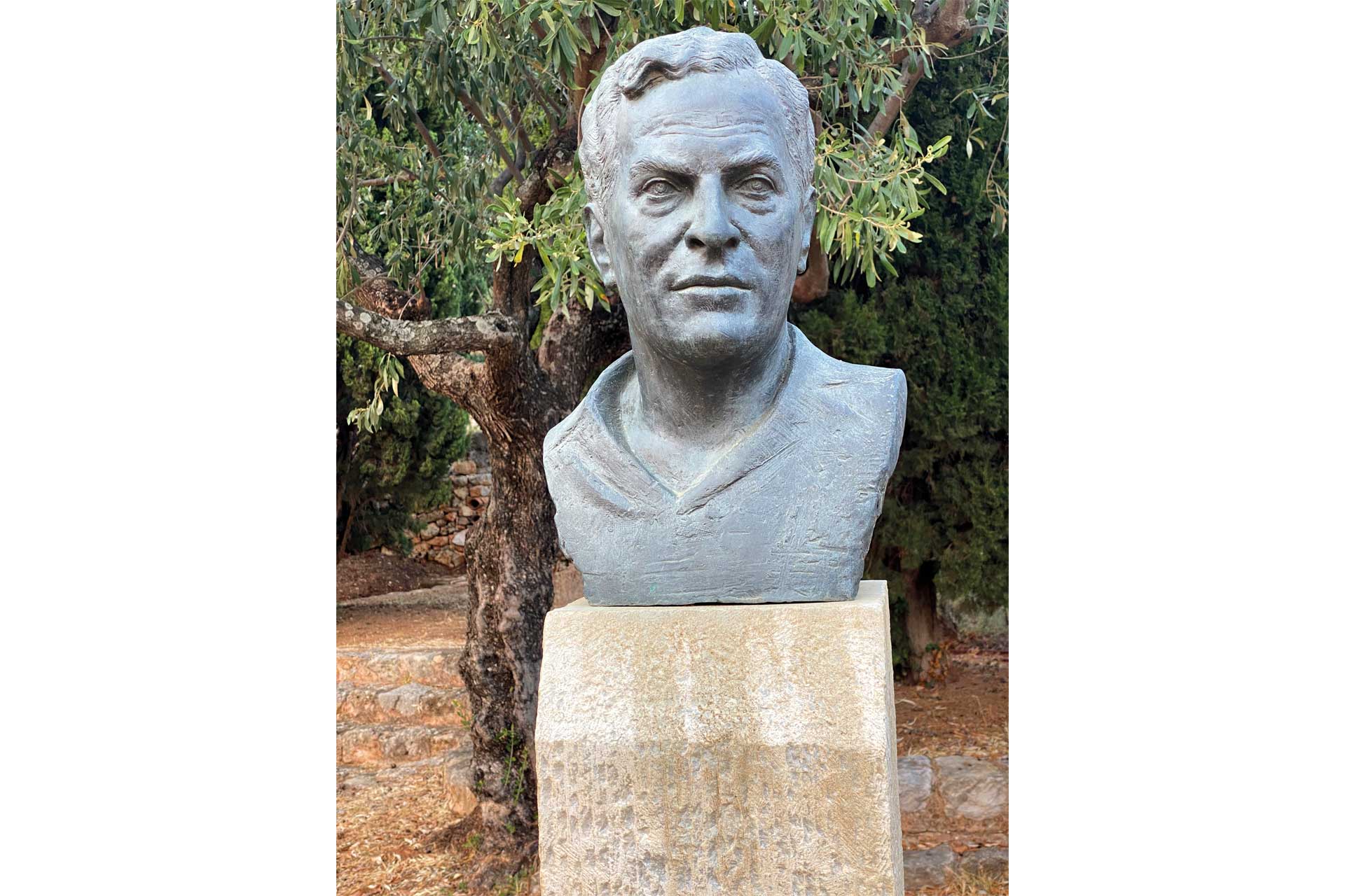 Sculpture of travel writer, Patrick Leigh Fermour, in Mani, Greece