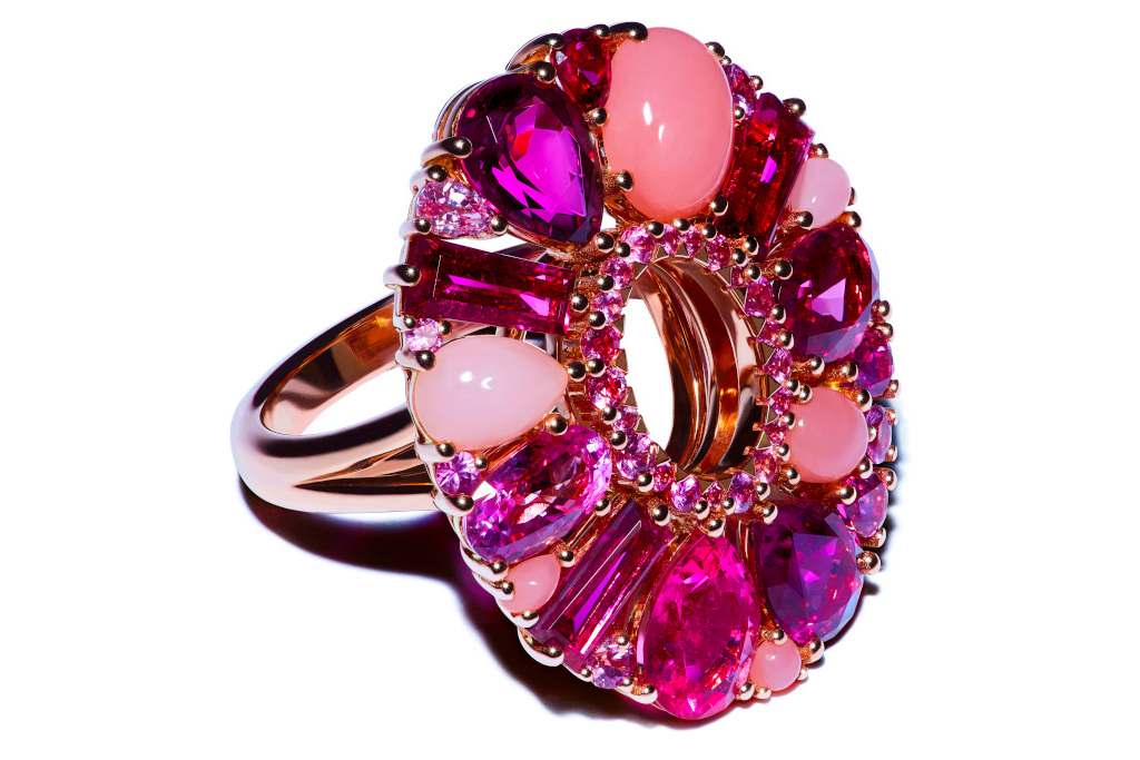 Garrard Blaze pink sapphire, rubellite and pink opal cocktail ring in 18 ct rose gold