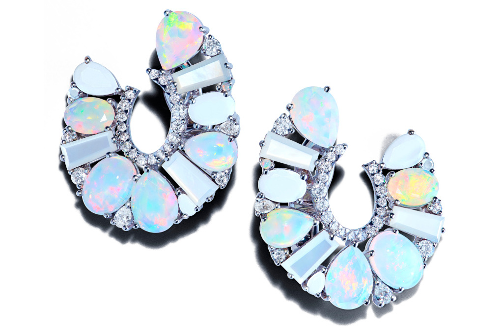 Garrard Blaze white diamond, white opal, white agate and white mother of pearl hoop earrings in 18ct white gold