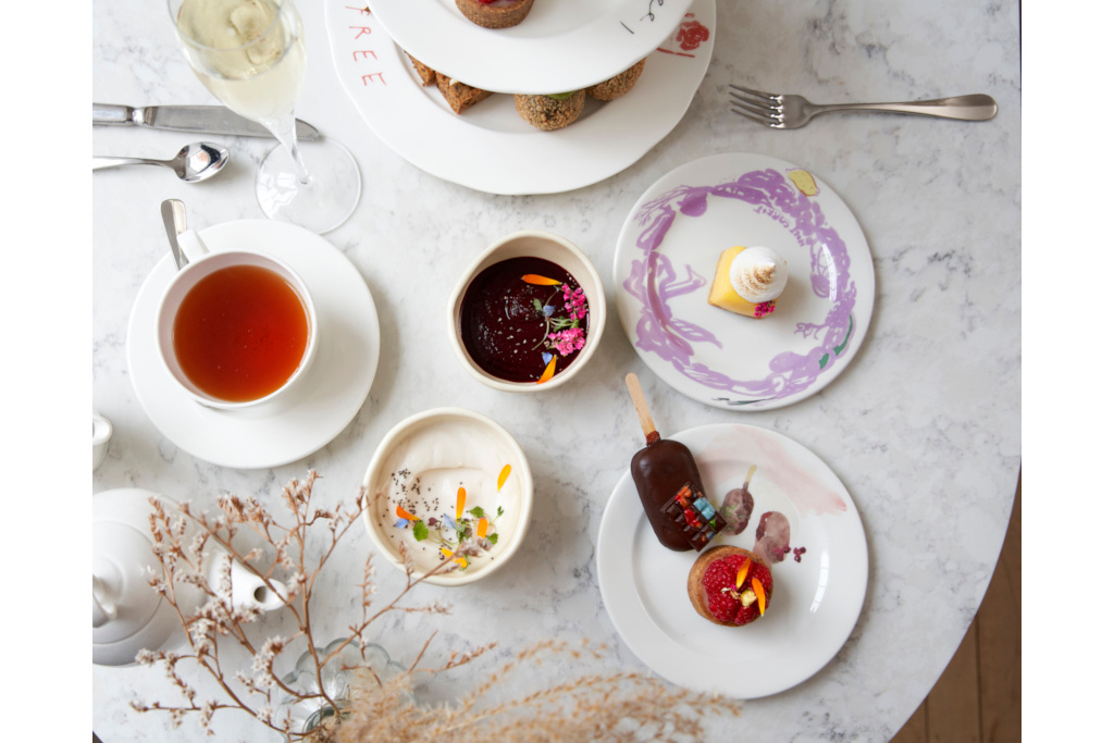 Overhead shot of tea and sweets