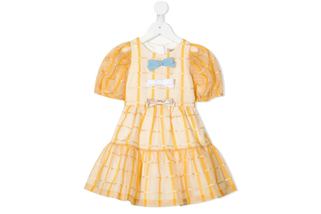 Yellow dress with blue, white and gold bows