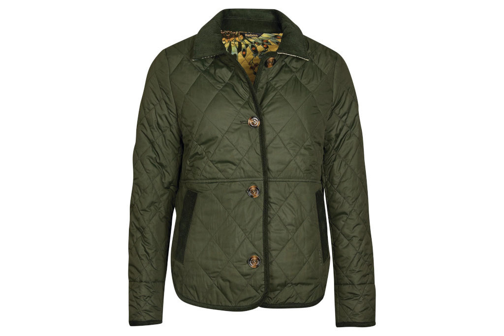 Sage quilted jacket with yellow floral pattern lining