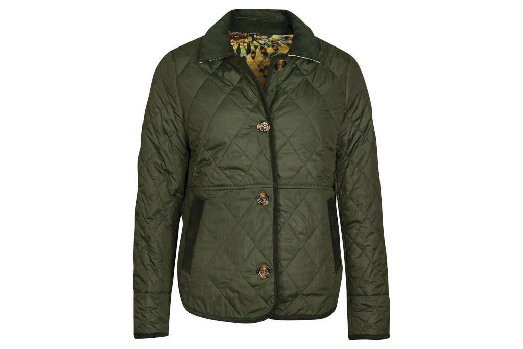 Sage quilted jacket with yellow floral pattern lining