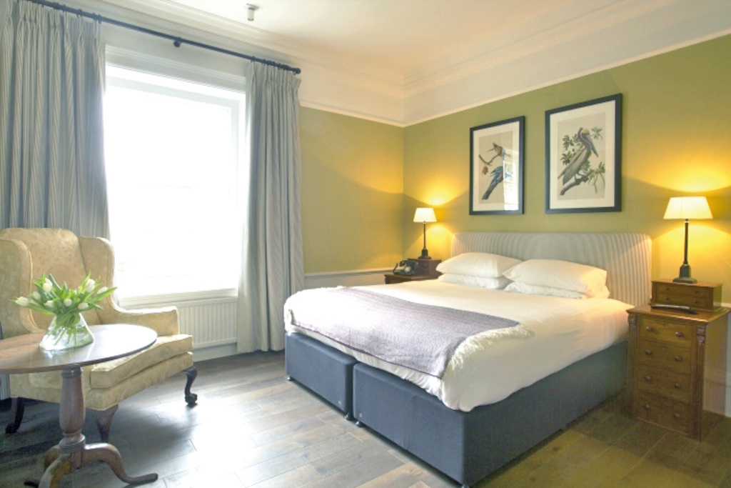 Hotel bedroom with green walls