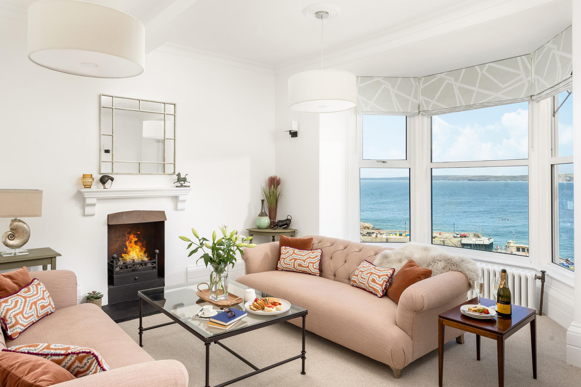 A living room with sea views