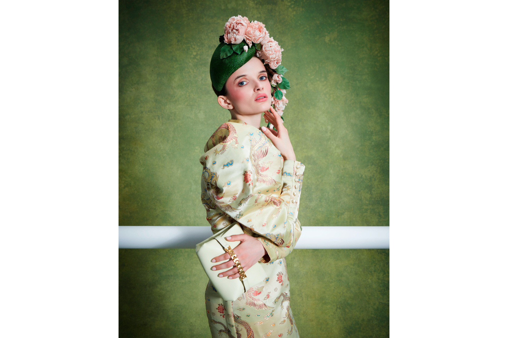 Woman wearing floral headpiece and patterned dress