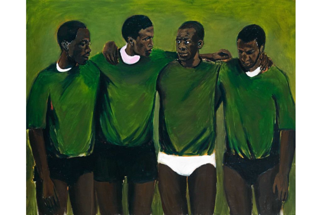 Painting of four boys in green on green background