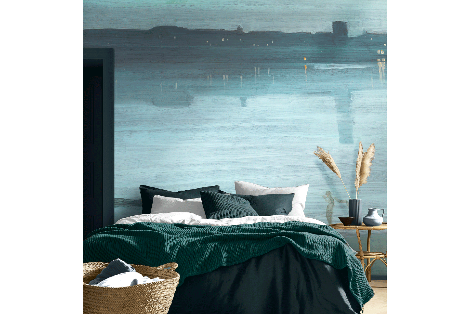 Whistler Nocturne Bespoke Wallpaper Mural, with a bed with dark blue linen in front