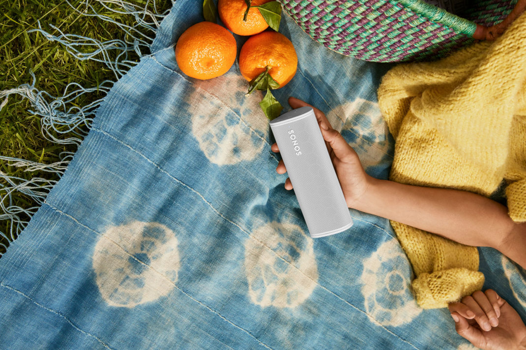 Sonos speakers on a picnic blanket