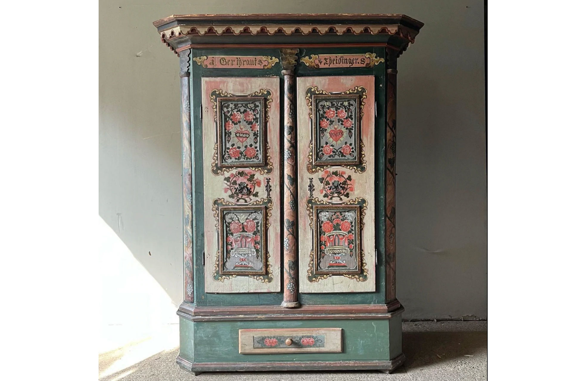 Exceptional Carved & Folk Painted Pine Marriage Cupboard by The Tolstoy Edit