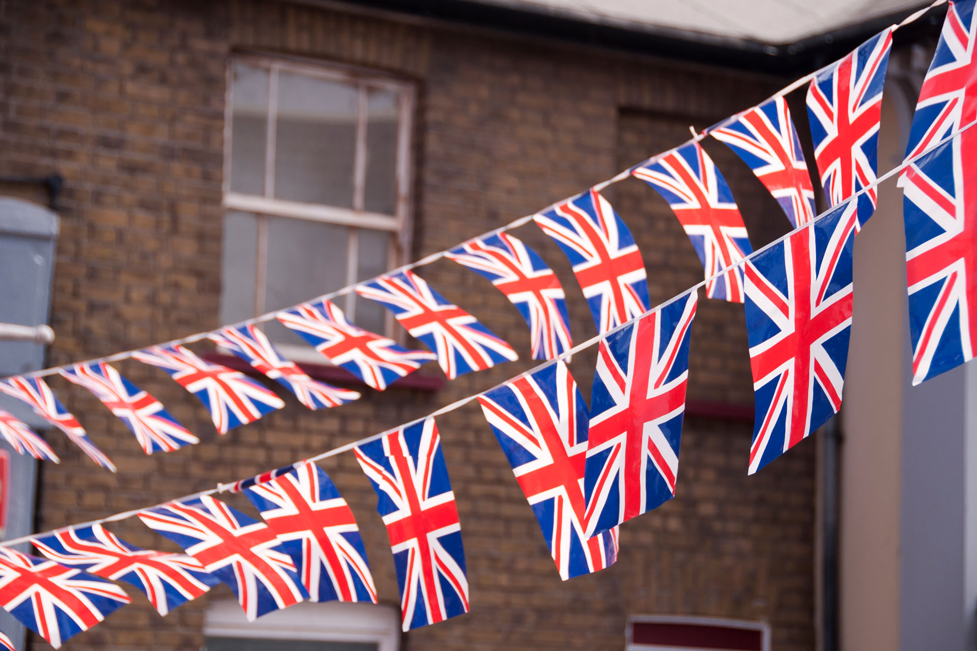 Union Jack flags in a street party