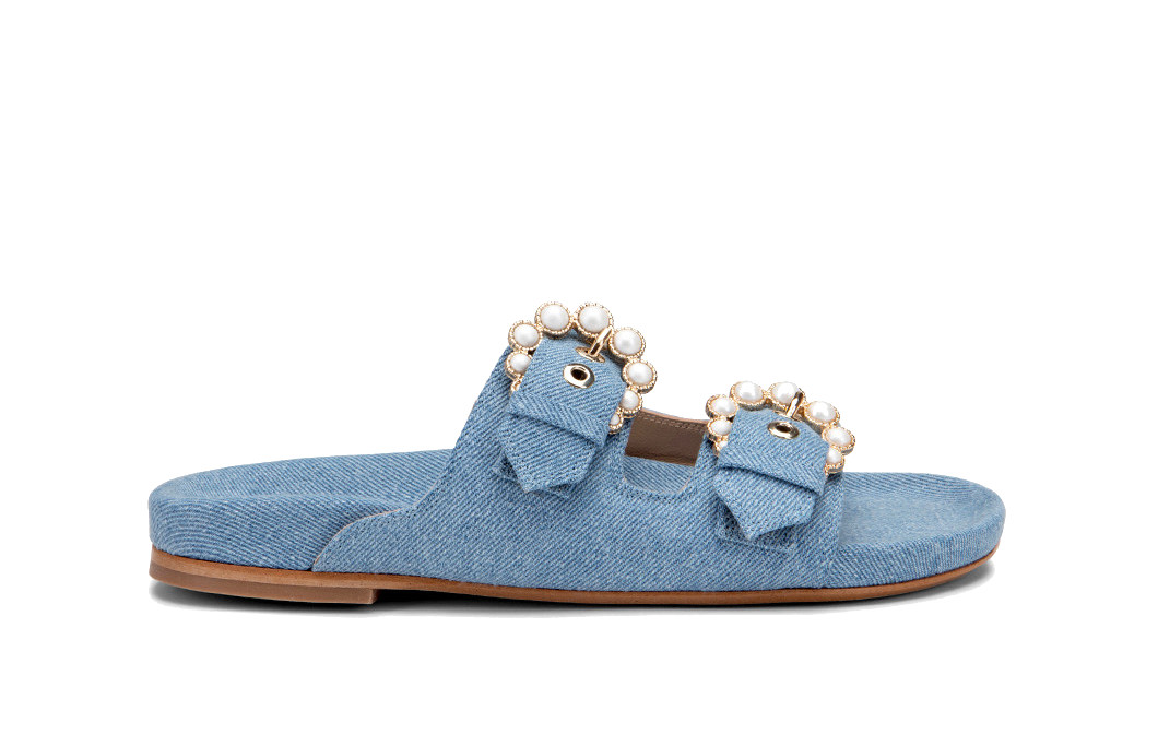 Denim blue sandal with jewelled buckle
