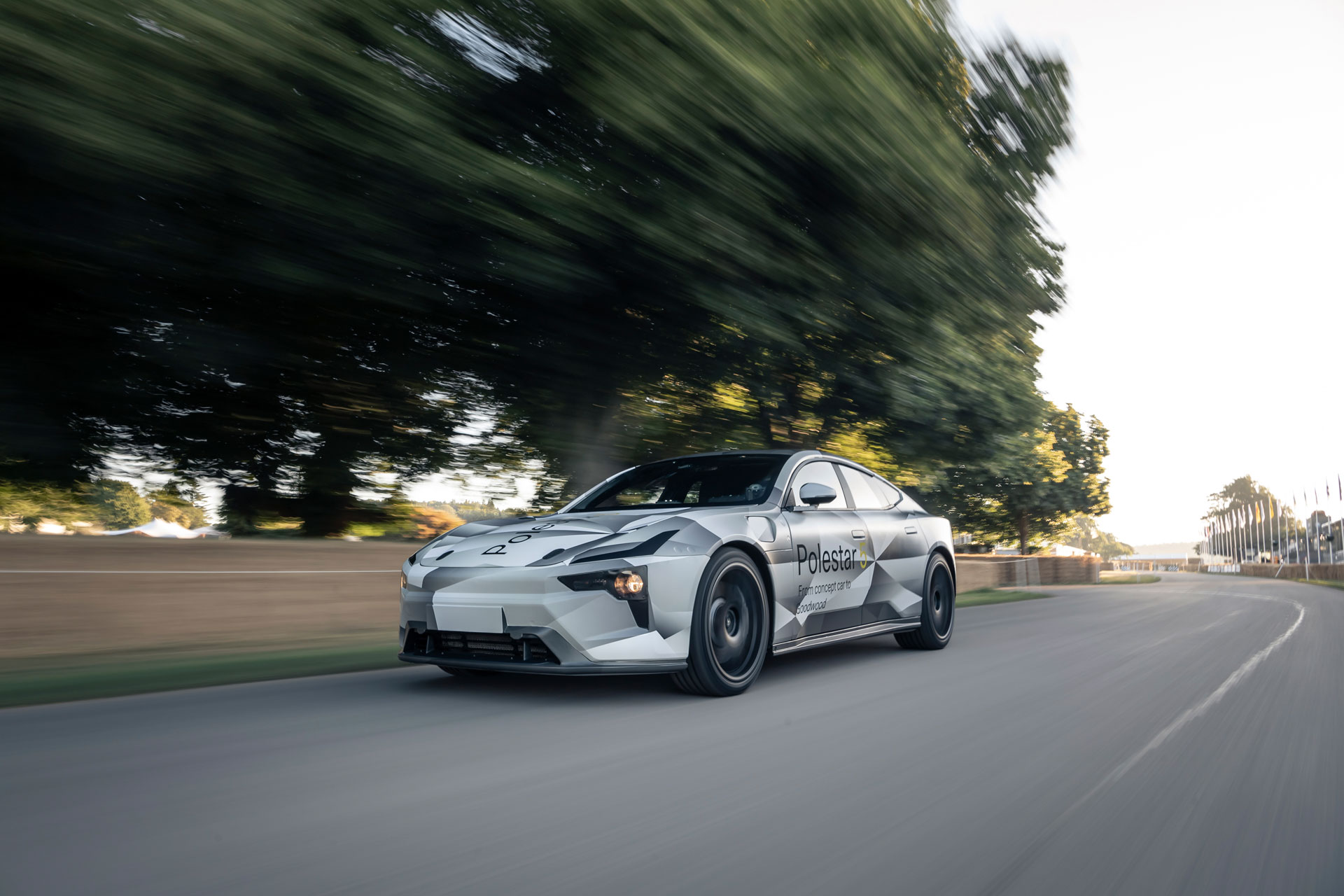 Front view of the Polestar 5 in motion at the Goodwood Festival of Speed 2022