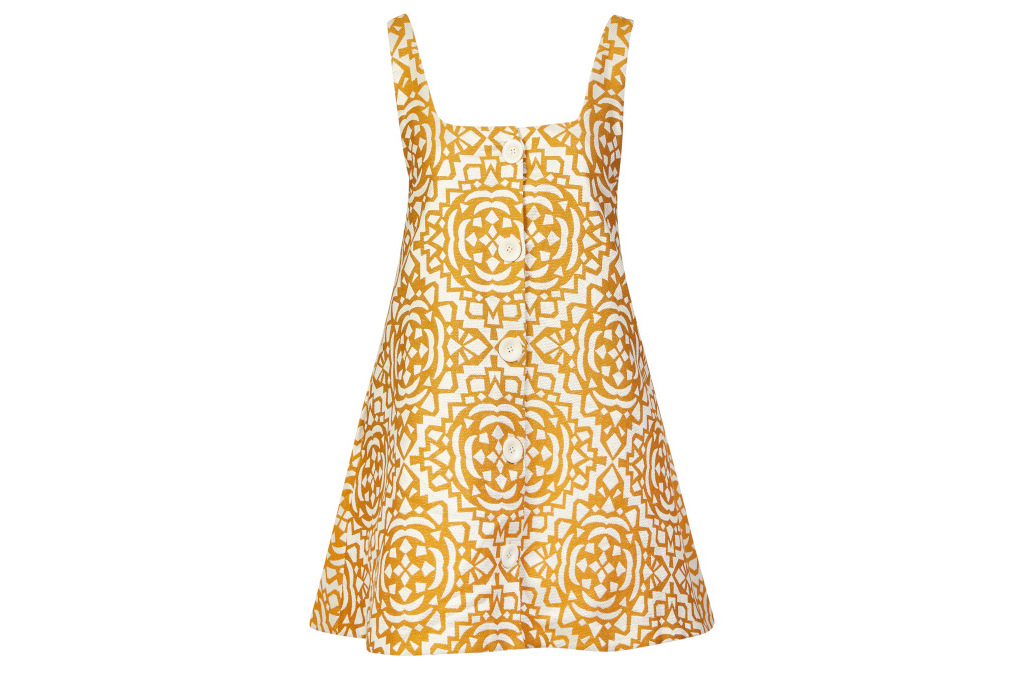 yellow patterned cross back sleeveless babydoll mini dress 