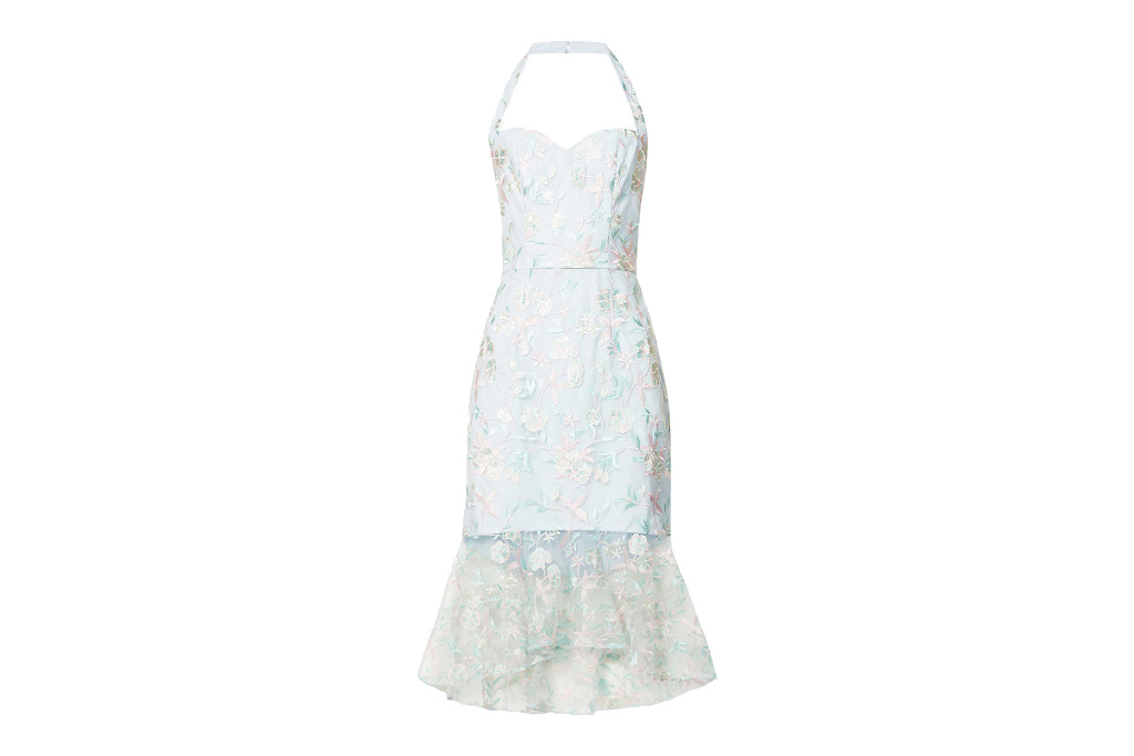 Blue and white floral embroidered midi dress