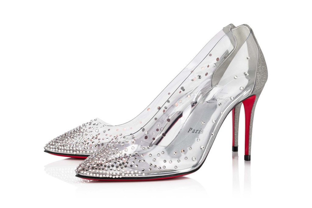 Clear silver pumps with glitter on the toes and red soles