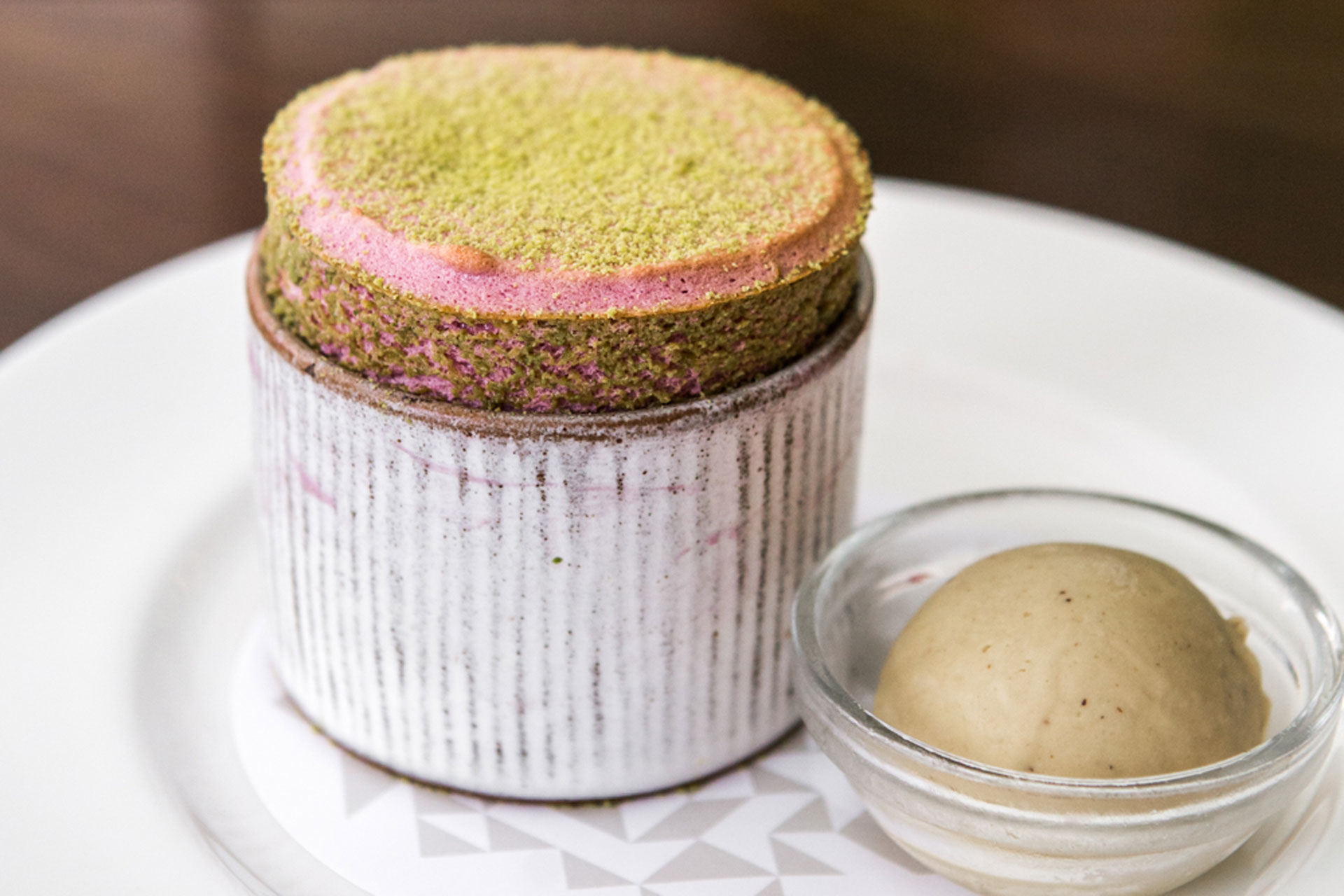 Raspberry & pistachio souffle