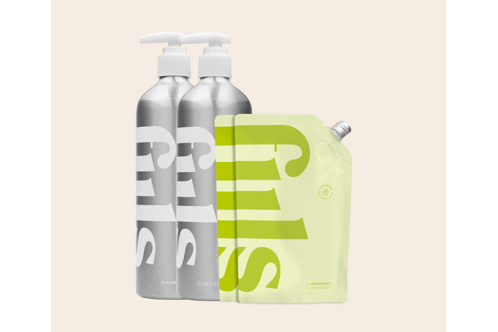 Refillable bottles and pouches of hair product