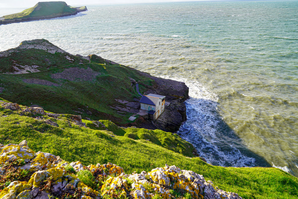 Fishing Cottage on Gower Peninsular Rhossilli Bay Worm Rock Formation