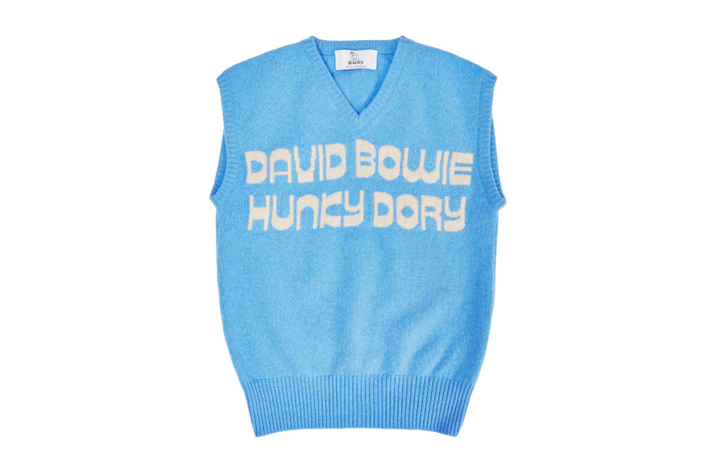 Blue vest with 'David Bowie Hunky Dory' on the front in cream