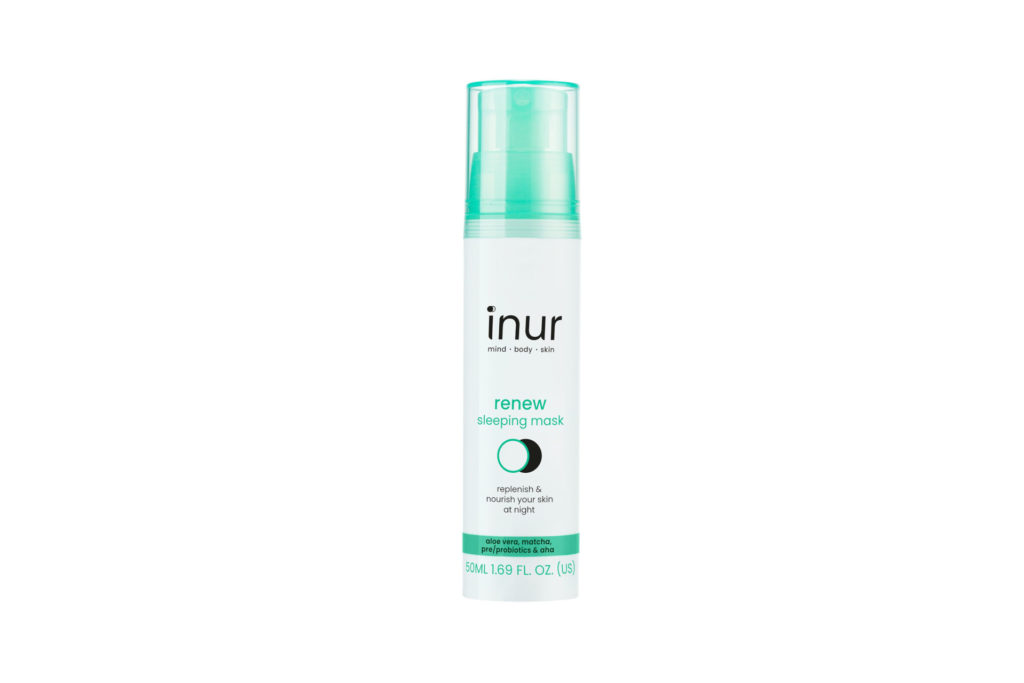 Mint green and white bottle of INUR Renew Sleeping Mask