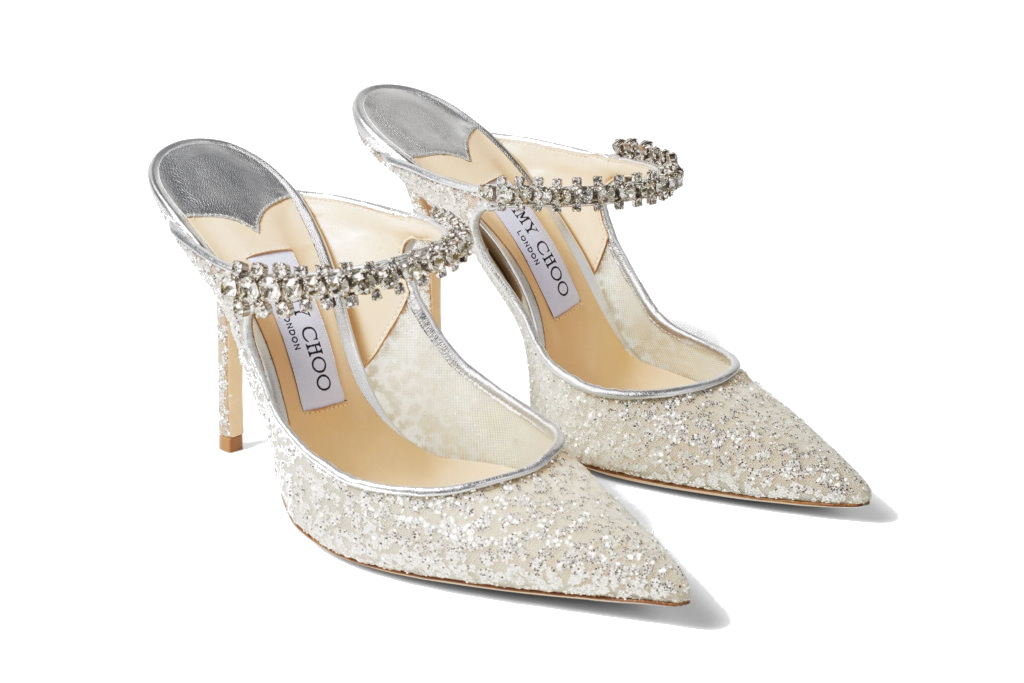 Silver Glitter Tulle Mules with Crystal Strap