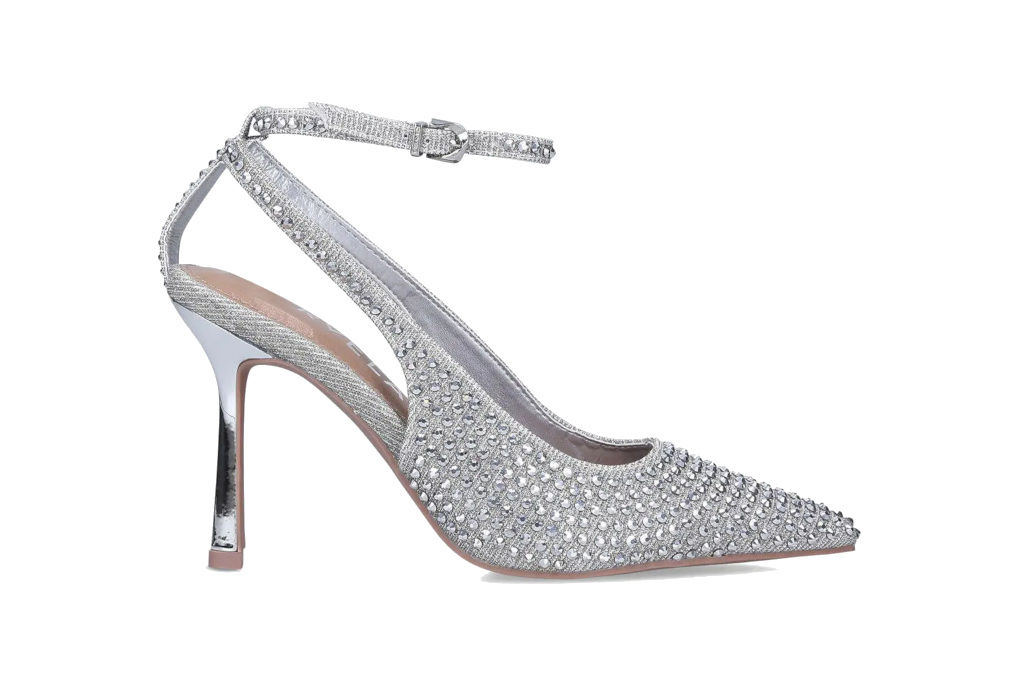 Glittery silver heel with silver gemstones all over it