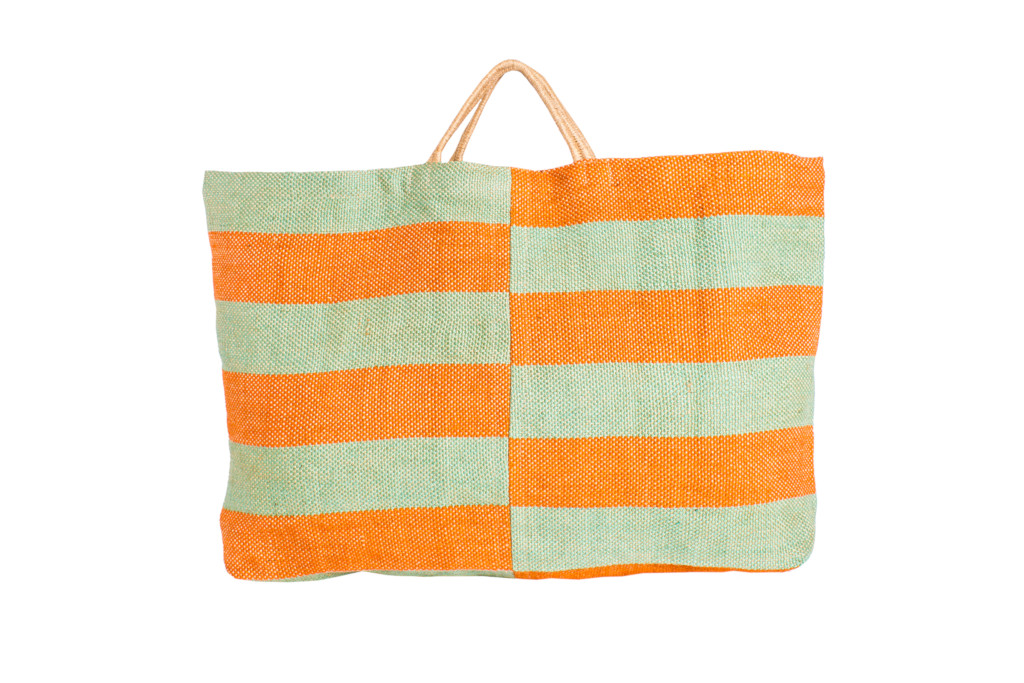 Green and orange check striped bag