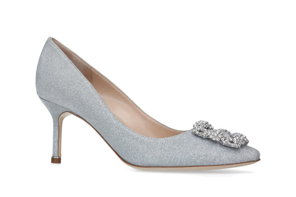 Sparkly silver heel with jewelled embellishment on the toe