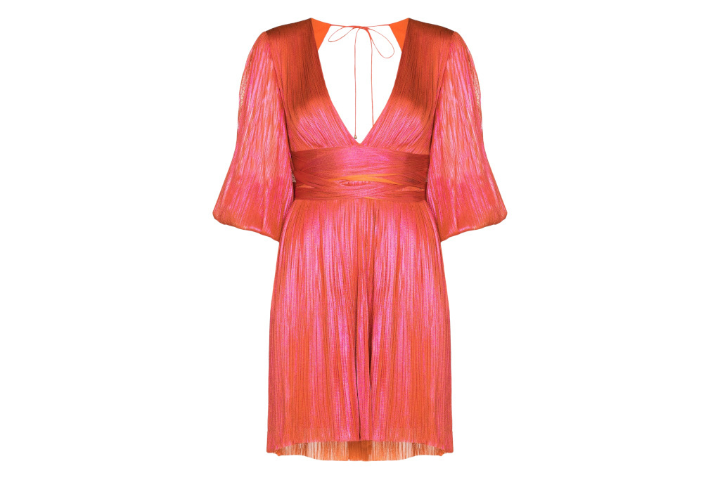 Pink flowy mini dress with V neckline and puff sleeves