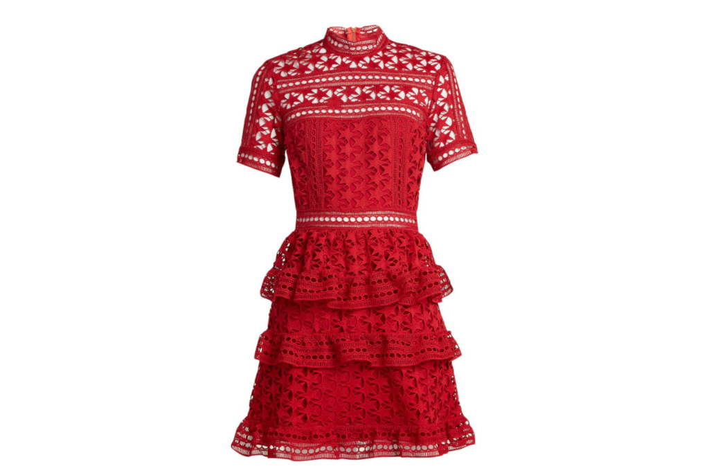 Red lace mini dress with ruffles