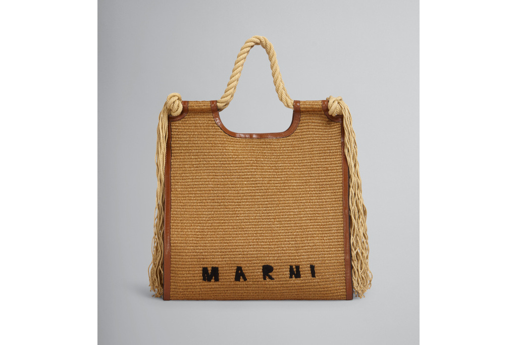 Brown raffia and leather bag with rope handles and MARNI logo on the front